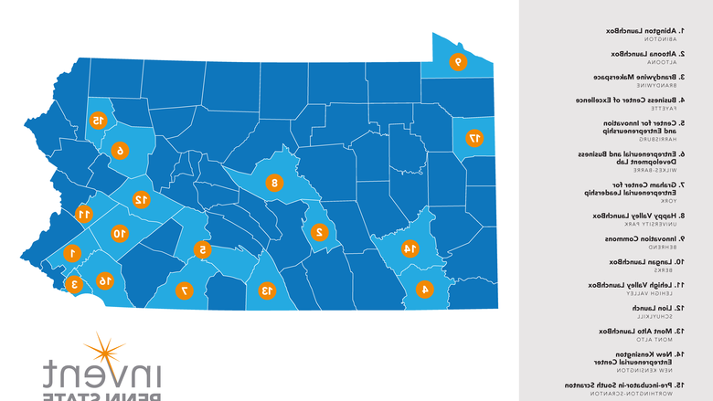 Map of 17 sites of Invent Penn State Innovation Hubs